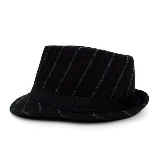 Fall/Winter Black Wool-Type Trilby Fedora Hat with Burgundy & Gray Stripes - H1805258 - Bundle Bus